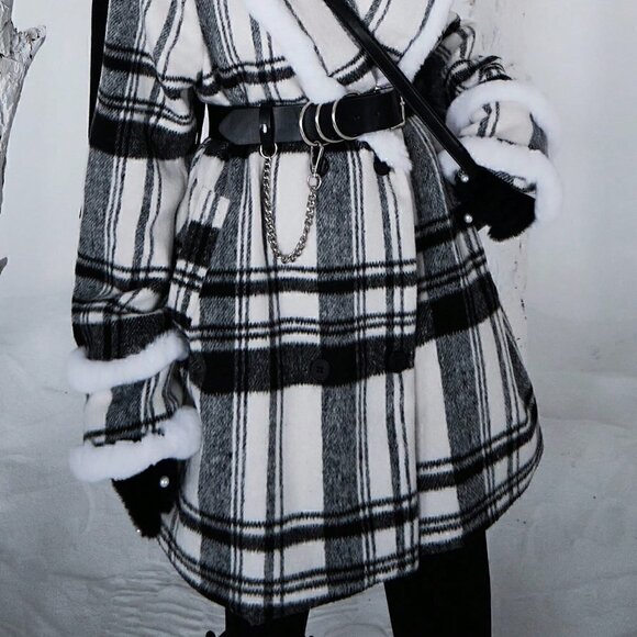 Black & White Preppy Womens Plaid Pattern Lapel Neck Overcoat - Picture 3 of 3